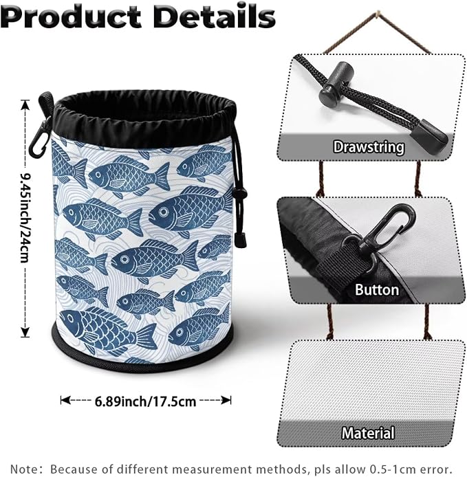 Drawstring Peg Bag Organizer, Blue Wave Pattern Clothespin Storage Pouch with Hanging Button, Portable Laundry Clips Holder for Drying Rack, Camping, Travel & Home