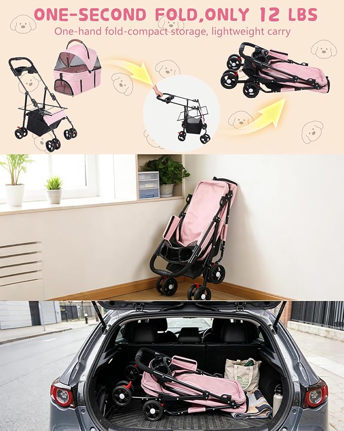 Pet Stroller, 3 in1 Foldable Dog Cat Stroller with Detachable Carrier-35lbs | Lightweight Foldable Dog Stroller, All-Terrain 4 Wheels, Compact Travel Pet Stroller for Small to Medium Pets-Pink