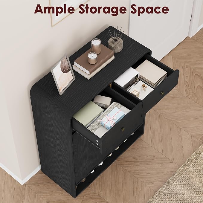 Garvee Shoe Cabinet with 2 Doors and 2 Drawers, Freestanding Wood Shoe Storage Organizer with Open Bottom Shelf, Modern Entryway Shoe Cabinet for Hallway, Foyer, Black