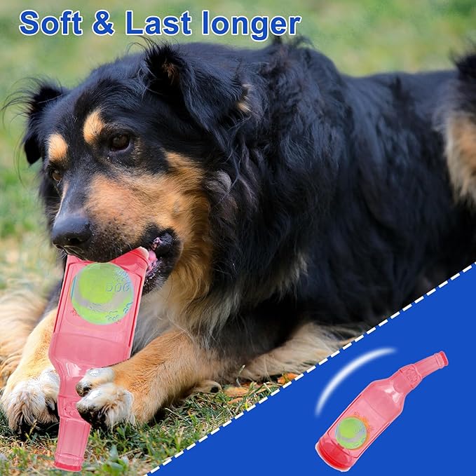 Ball in Bottle Dog Toy - Interactive Crunch and Play Bottle with Tennis Ball Inside for Dogs, Squeaky Puppy Toy(Pink, Large)