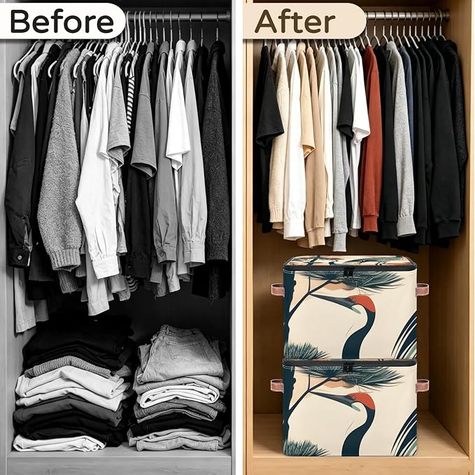 Crane Birds Foldable Storage Bin with Lid Zipper | Closet Shelf Organizer, Boxes, Basket Containers for Home, Lidded Storage Cube for Bedroom, Waterproof, with Handles