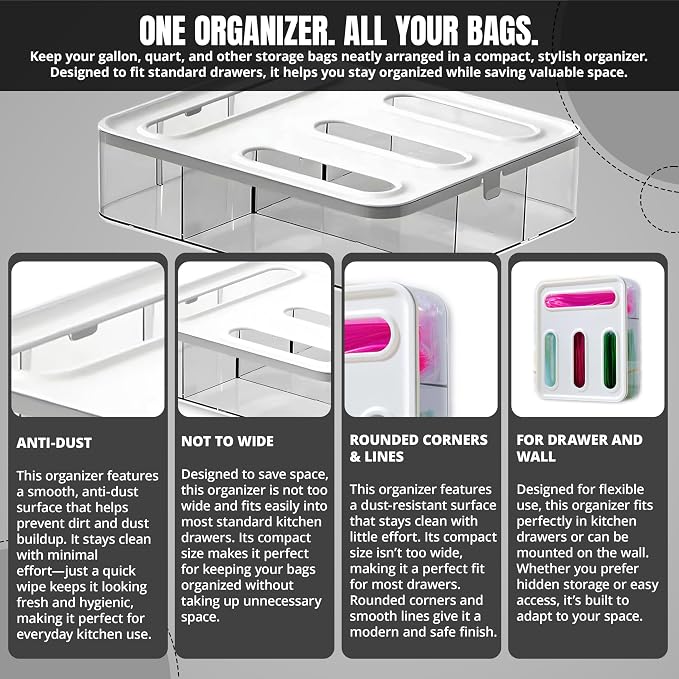 4 IN 1 Food Storge Bag Organizer for Kitchen Drawer, 4-Slot, Wall Mountable | Compatible with Sandwich, Snack, Gallon & Slider Bags, with Locking Lid Design Food Storage Bag Holder, Space saving