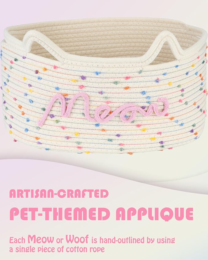Sea Team Cat Toy Storage Basket with Handles and Ears, Rainbow Meow | Large Cotton Rope Storage Bin, Shelf Basket, Organizer for Pet Chew Toys, Foods, 16.5 x 11 x 7 Inches, 4.4 Gallons