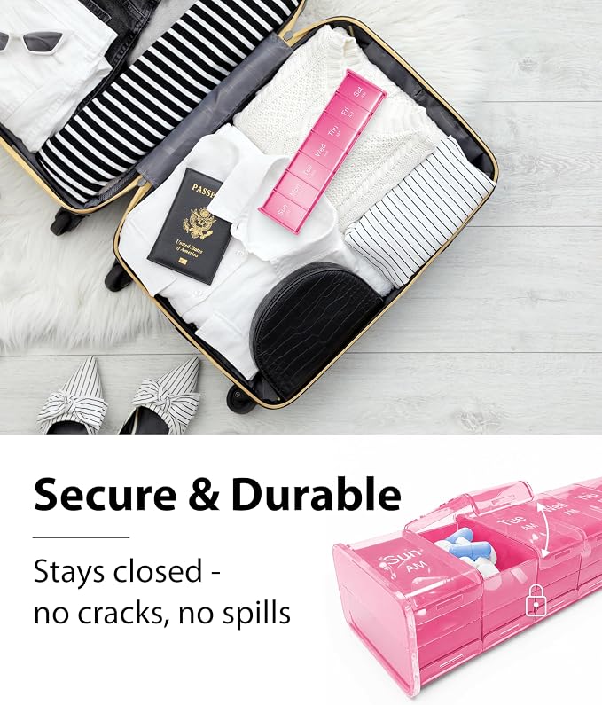 Extra Large Pill Organizer - XXL Vitamin Holder for Weekly Supplements - Double Sided Pill Box 7 Day with Big AM PM Compartments Huge Daily Medicine Dispenser 2 Times a Day Reliable and Easy-to-Use