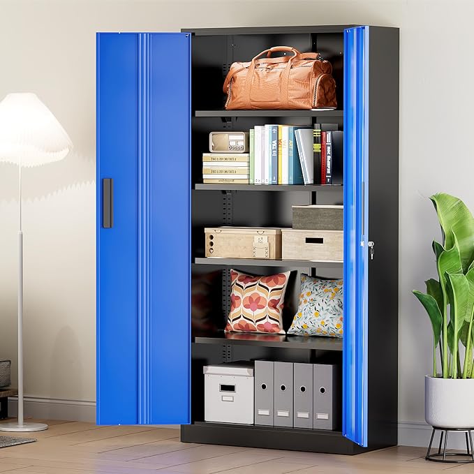 Greenvelly Metal Storage Cabinet with Doors and Shelves, 72" Inch Locking Metal Cabinet,Garage Storage Cabinet for Garage Office School Warehouse (Black Blue)