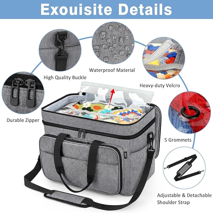 Crochet Organizer Bag with Yarn Holder, Large Yarn Storage for Accessories | 3PCS Crochet Knitting Bag with Accessory Pouch for Hooks, Needles, Travel Tote, Crochet Lovers, Gift for Crafters, No-Tangle