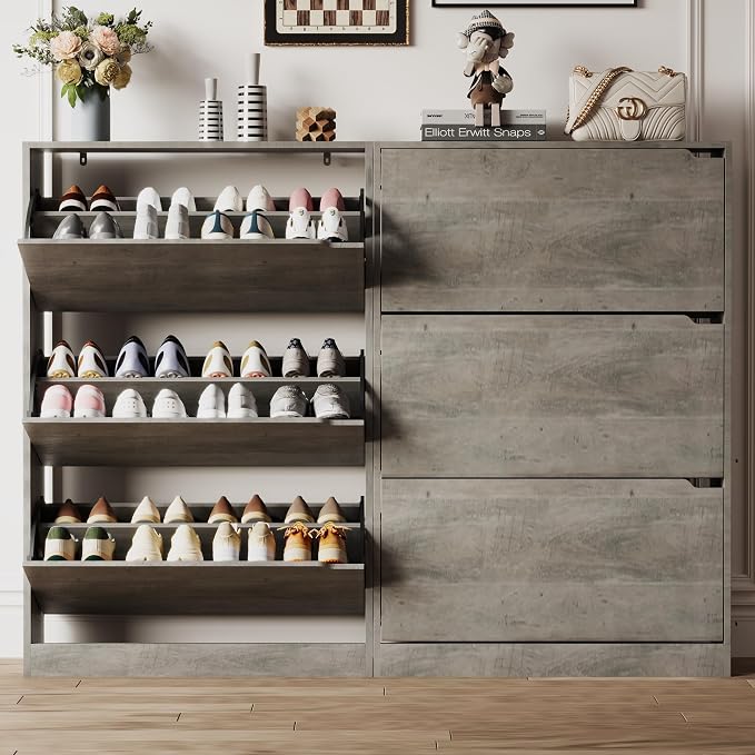 Xixini Shoe Storage Cabinet for Entryway with 3 Flip Drawers, Sturdy Wood Hidden Shoe Storage, Freestanding Narrow Slim Shoe Organizer for Front Door Entrance, Living Room, Hallway, Bedroom, Grey