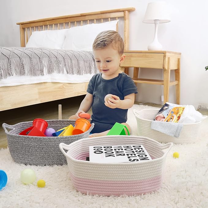 ABenkle Small Storage Basket with Handles, Cotton Rope Woven Dog Cat Toy Bin, Decorative Shelves Closet Organizing for Nursery Laundry Bedroom Bathroom, 14.2''x 11''x 5.1''