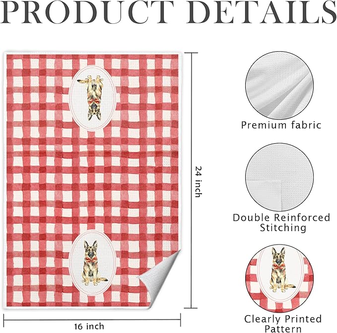Red Plaid German Shepherd Kitchen Towels 16x24 Inch, German Shepherd Lovers Gifts Decorative Hand Towels for Bathroom, Red Checkered Dog Dish Tea Towel Drying Cloth