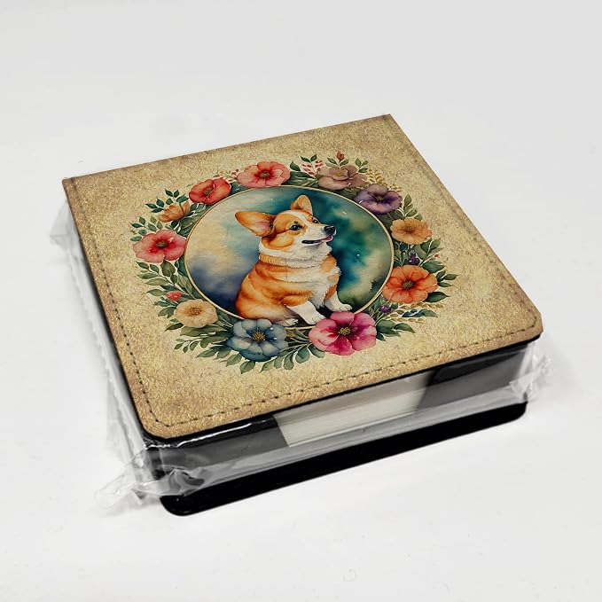 Caroline's Treasures Corgi and Flowers PU Leather Note Paper Holder with Artist-Designed Cover, Desk Accessory, Office Gift