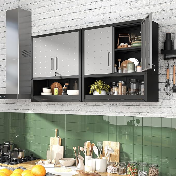 Metal Storage Cabinet for Garage, Tool Cabinet, Utility Cabinet | Wall Mounted, Hanging Tool Cabinet, Lockable, 2 Doors, Open Storage Compartment, Assembly Required, Black & Grey