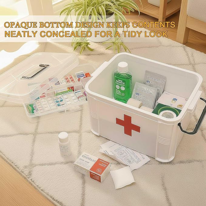 15QT Clear Medicine Organizer Box with Handle, Plastic Medicine Container with Tray First Aid Box Empty, Thickened Medicine Storage Organizer Multipurpose Medication Organizer Storage, White