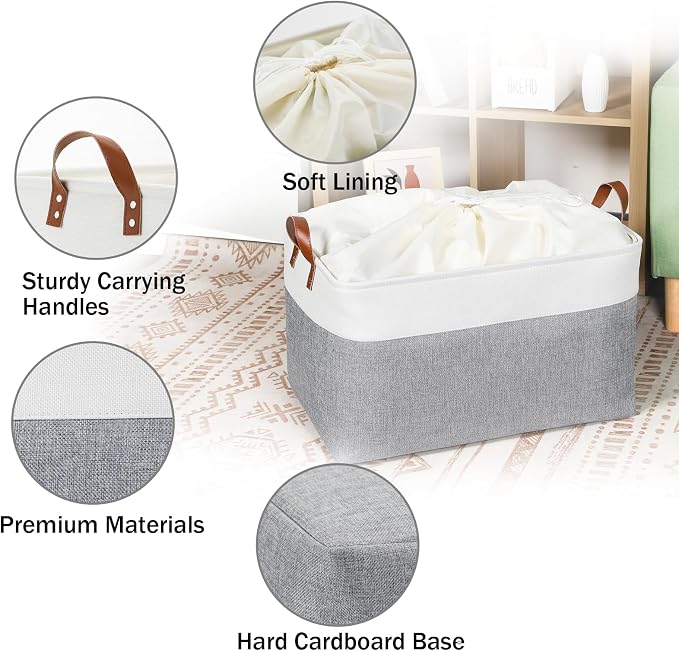 DULLEMELO Extra Large Storage Baskets for Organizing 22"x15"x13" Foldable Fabric Storage Baskets Organizer Bins with Handles Large Storage Basket for Shelves Closet Toys Books (White&Grey)