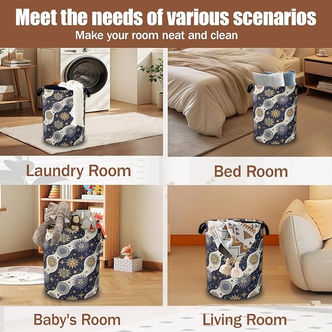 Celestial Golden Sun Moon Laundry Basket,Laundry Hamper Waterproof Oxford Cloth Tote Bag,Clothes Storage Bucket Decorative Toy Organizer for Bathroom Bedroom 16" x 20.8"