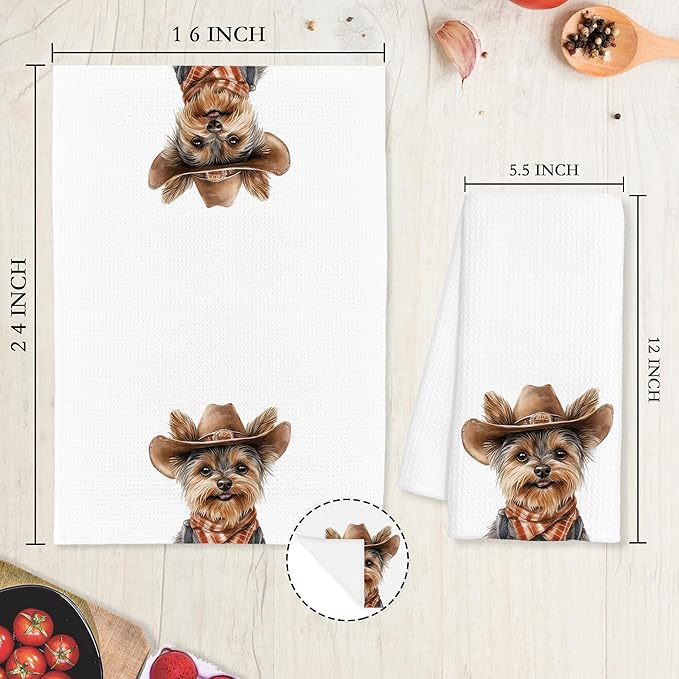 Western Yorkshire Terrier Dog Gifts Kitchen Towels Decorative - Gifts for Yorkie Lovers Dish Tea Towels for Kitchen Drying, Cowboy Hat Dog Hand Towels for Bathroom Decor, 16x24 Inch