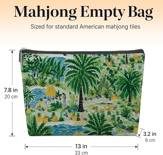 Green Summer Tropical Beach Empty Mahjong Tile Bag 13x7.8 Inch | Palm Tree Printed Portable Travel Case Organizer Zipper Pouch for American Mahjong Tiles Game Night Accessories and Gifts