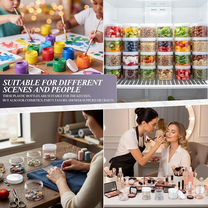 Patelai 60 Pcs Plastic Containers with Lids, Round Leakproof Cosmetic Containers, Multipurpose Storage Jars for Makeup, Lotion, Ointment, Rhinestone Samples, Dry Food and Toiletries(White,6 oz)