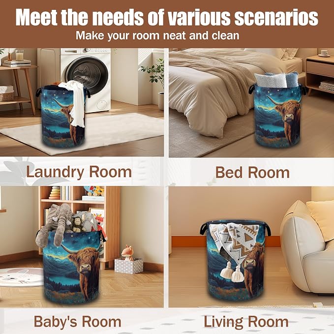 Highland Cow Laundry Baskets,Starry Night Laundry Hamper,Storage Basket with Handles for Bathroom Bedroom College Dormitory Living Room Nursery Organizer 16"x20.8"