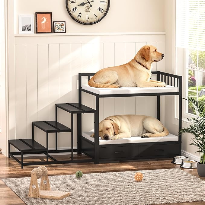 GDLF Dog Bunk Bed for Large Dogs with Stairs and Storage, Non-Slip Surfaces | Ideal for bedrooms, windows, and bedside lounging, with storage drawers and non-slip surfaces.