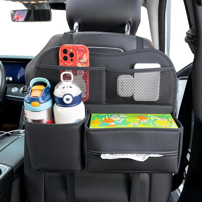 Multifunctional Car Seat Back Organizer with Large Tissue Box Holder, Large Water Bottle Storage, Phone Pouch for Road Trips (Black)