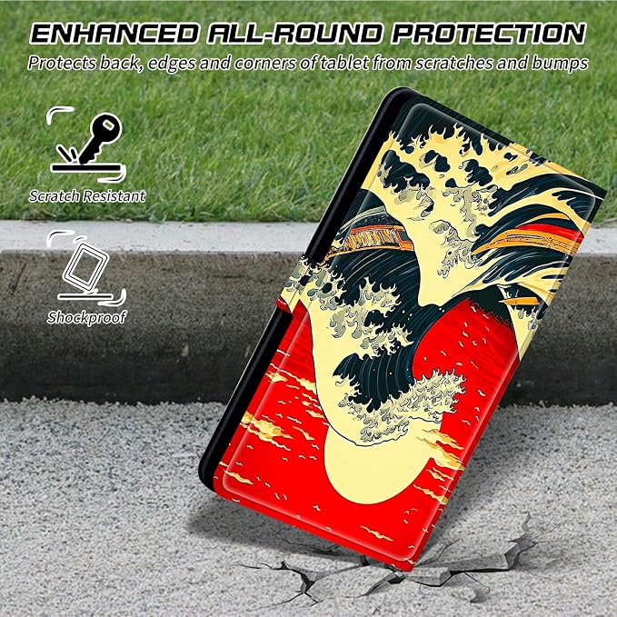 Universal Case for T-Mobile Revvl Tab 2 10.1" Model:9185W 2025/Revvl Tab 5G 10.36" 2023, 360 Degree Rotating Kickstand Protective Stand Leather Shell Cover for 9"-10.5", Red Sky Waves