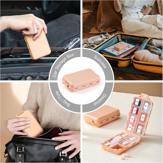 14 GRIDS Travel Pill Organizer Box with Labels - Travel Medicine Case Kit - Pocket Daily Pharmacy Container - Travel Medication Holder Dispenser for Fish Oil Vitamin Supplement Storage - Pink