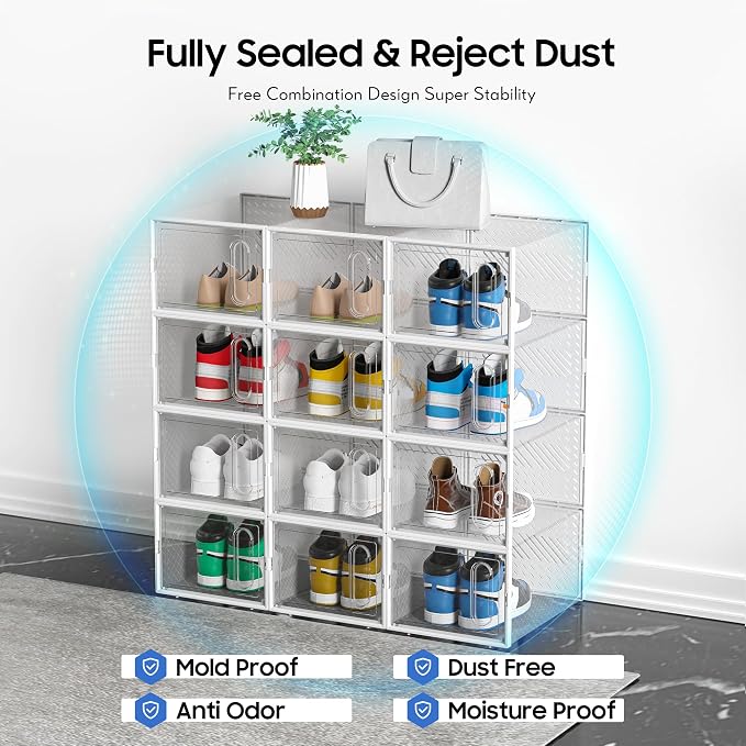 Large Shoe Organizer Storage Box with Magnetic Door,12 Pack Clear Plastic Stackable Sneaker Containers for Closet, Connect Left and Right Shoe Box for Entryway, Drop Front, Under Bed (White)