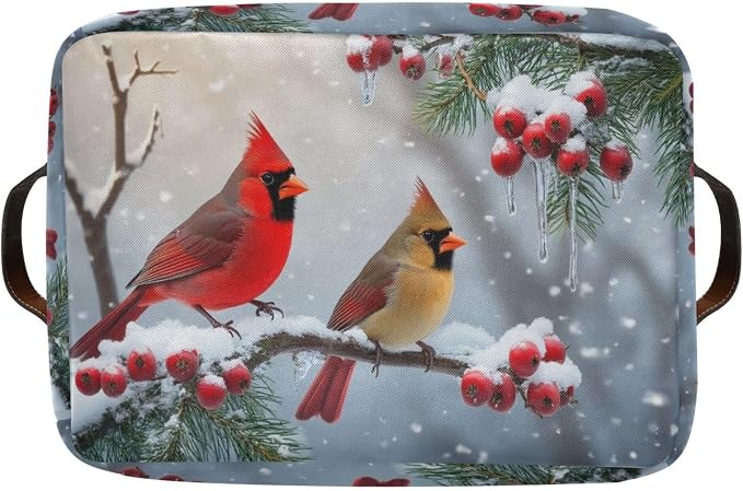 Winter Cardinal Birds Snow Storage Basket Fabric Laundry Baskets Christmas Tree Holly Berry Branches Storage Boxes Organizer Bag for Baby Cloth Dog Toy Book Storage Cubes Shelf Closet Bins 16×12×8