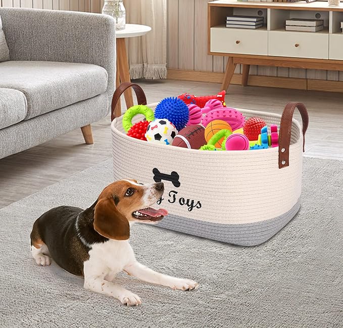 Large Cotton Dog Toy Basket, 16.5"x10.6"x7.5" - Perfect for Organizing Pet Toys, Blankets, Leashes, Coat & More - Beige Gray