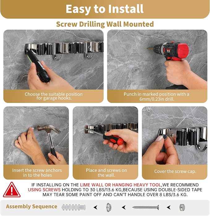 Broom Holder Wall Mount, Mop Organizer, 5 Racks, 4 Hooks, Heavy Duty | Rust-Resistant Stainless Steel, Non-Slip Grip, Adhesive or Screw Mount for Garage, Laundry Room and Garden Use, 1 Pack,Silver