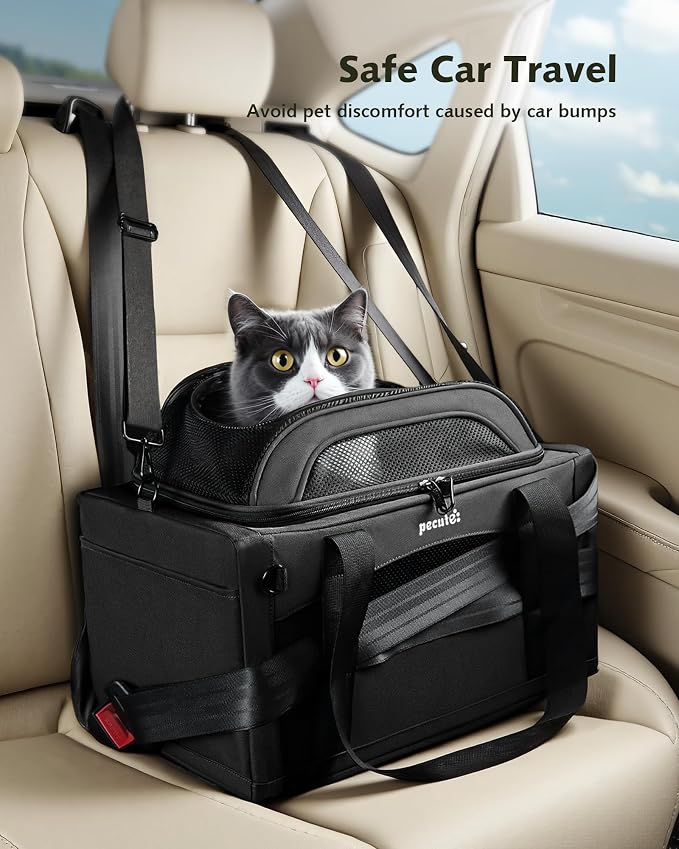 Pecute Top Expandable Airline Approved Pet Carrier for Cats, Dark Gray | Top side expandable, breathable scratch-resistant mesh, leakproof pee pad, locking zippers, foldable travel bag under 11lbs.