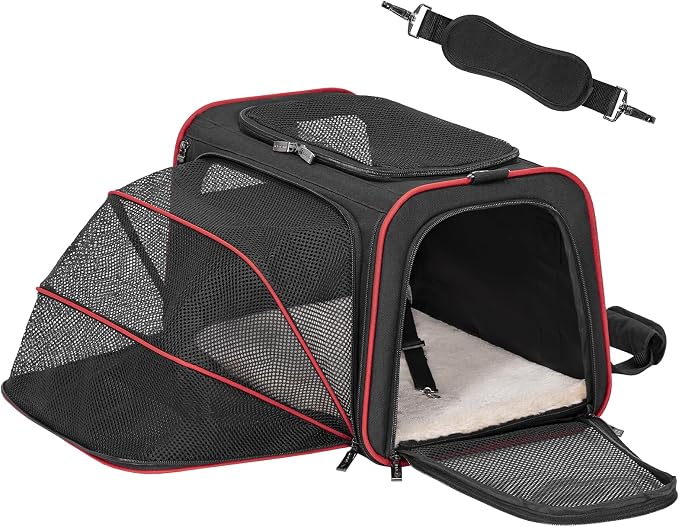 Petsfit Medium Expandable Cat Carrier for Air Travel, Up to 13 lb | 17 x 11 x 11 in; sized for Delta Air Lines, with locking zippers, a handy D-ring, large pocket and multi-side ventilation.