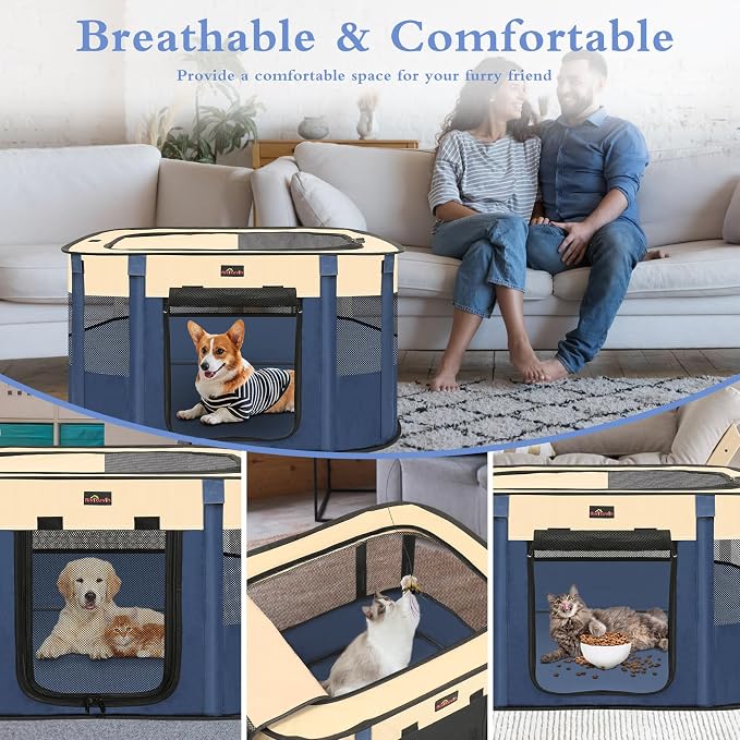 Dog Playpen, Pet Playpen, Foldable Kitten cage Puppy Play Pen, Portable Dog Kennel Tent Crate, Indoor Outdoor Travel Camping Use for Small Animals with Carrying Case (Blue L)