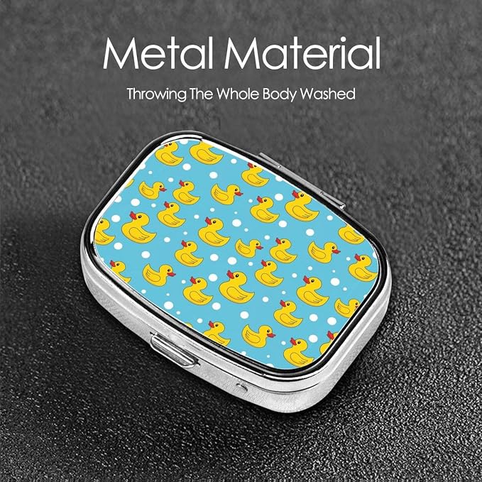 Metal Pill Box AM/PM Compartments Small Medicine Organizer Supplements Case Travel Essential, Yellow Rubber Duck Print