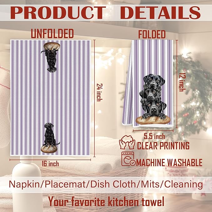 Black Labrador Retriever Bread Kitchen Towels, Black Lab Gifts Dish Tea Towels, Cute Baking Chef Dog Purple Striped Decorative Hand Towel for Kitchen Bakery, 16x24 Inch Set of 2