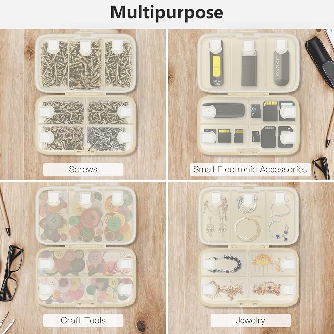 FYY Travel Pill Organizer, Large Weekly Medicine Pill Organizer-Beige | Airtight Moistureproof Medicine Case, Easy to Use, 8 Compartment Pill Box for Vitamins, Fish Oil, Supplements, Mini First Aid