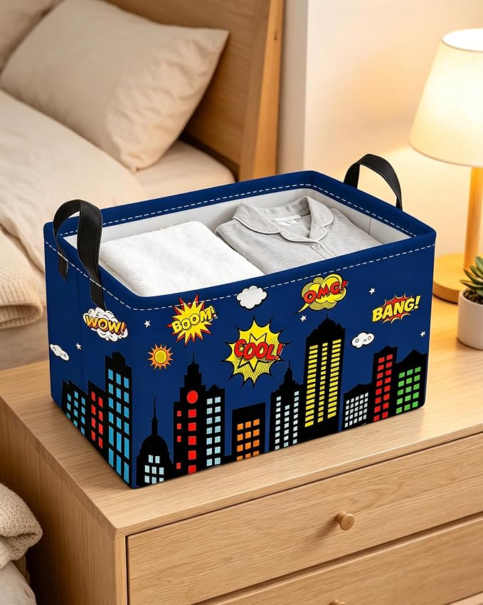 Essme Rectangular Spider Basket,Kids Storage Bins Organizer with Handles for Girls Room Decor, Gift Basket,Shelf Basket.(Bule City)
