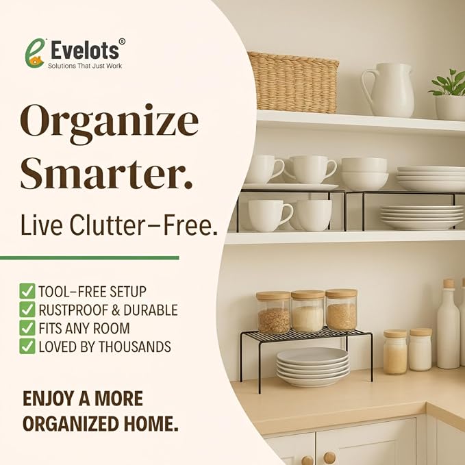 Evelots Wire Shelf Organizer Set Metal Cabinet Shelf Risers, 6-Pack, Black | 6-Pack rustproof metal wire shelf organizers create extra storage space in kitchen cabinets, pantries, freezers and bathrooms