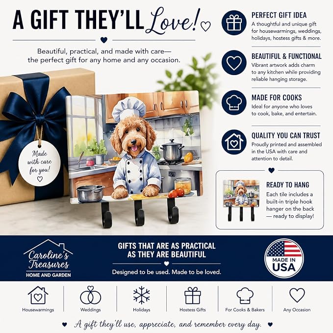Caroline's Treasures Goldendoodle The Chef Leash or Key Holder Wall Hooks, Key Hooks Holder, Coat Rack Wall Mount, Coat Hooks, Hooks for Hanging Keys, Towels, Aprons, Leashes | Goldendoodle The Chef artwork on ceramic tile with three steel hooks for ke...
