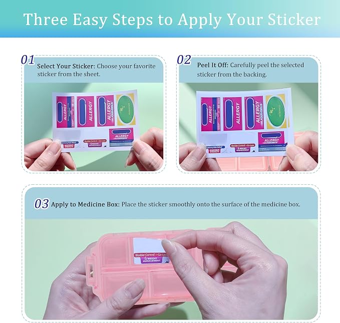 Pill Organizer 3 Pack with 146x3 Medicine Labels, Pink Blue Purple | Set of 3 travel pill cases with 10 compartments each and 146 medicine labels for 7-day planning, daily use, work, and trips