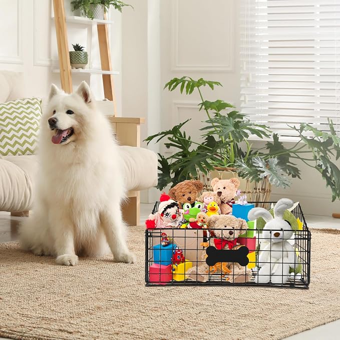 Geyecete Toy box for dogs large Dog Toy organizer Pet wire folding basket dog toy container dog toy box -Can be Personalized-Cat and Puppy-Black