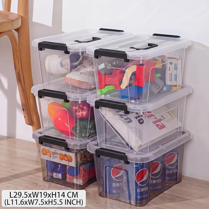 Storage Bins with Lids,7Qt Clear Stackable Storage Containers With Lids Buckle Latches.Perfect for LEGO, Crafts, Office Supplies, and Dorm Room Organization,6-Pack,ClearBlack