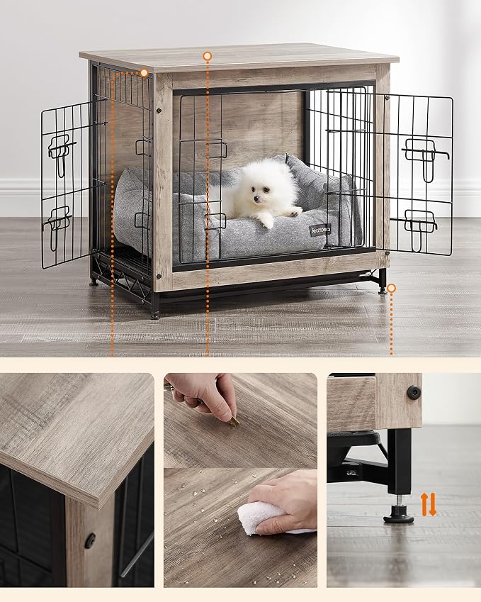 Feandrea 27.2" Dog Crate Furniture, Indoor Dog Cage Side End Table, M Pet Wood Kennel for Medium and Small Dogs up to 30 lb with Multi-Purpose Removable Tray, Double-Door Pet House, Greige