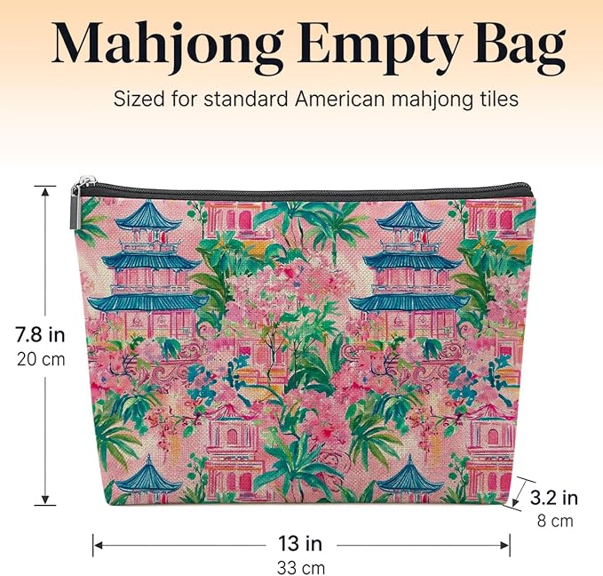 Pink Blue Chinoiserie Pagoda Empty Mahjong Tile Bag 13x7.8 Inch | Green Tropical Printed Portable Travel Case Organizer Zipper Pouch for American Mahjong Tiles Game Night Accessories andGifts