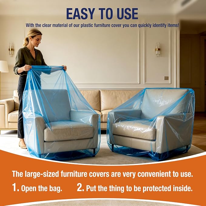 Extra Large Chair Moving Cover for Storage Transportation | Sofa Couch Clear Plastic Moving Cover with Labels, Waterproof and Dust Proof, Bag Open Size 65x 42 x 34 Inch, Blue