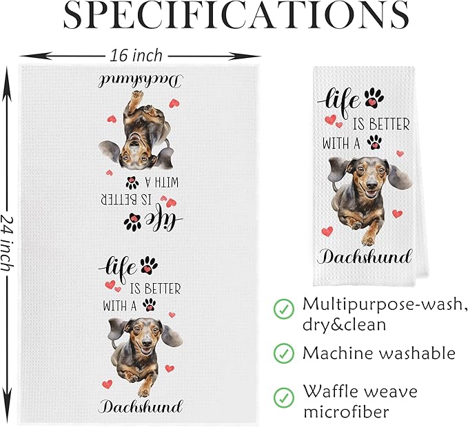 Dachshund Gifts Dish Towels Set - Funny Dachshund Gifts Decorative Waffle Weave Kitchen Towels, Wiener Dog Gifts for Women Hand Tea Towels (16×24 Inches Set of 2)