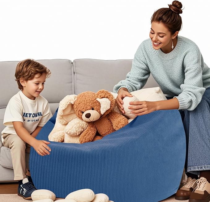 LPMOERA Stuffed Animal Storage Soft Bean Bag Chair Cover No Filler Blue | Skin-Friendly,Portable,Wide Easy-Load Opening,Hidden Zipper,Decorative Organizer