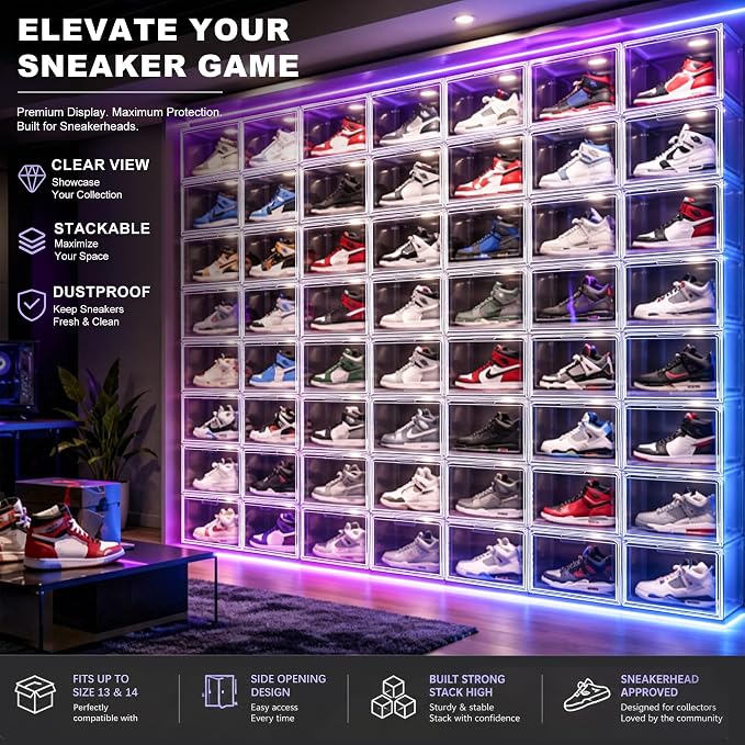 12 Pack Clear Acrylic Shoe Sneaker Boxes Fits Size 13, Wide Magnetic Door | Stackable shoe showcase for sneakers, high tops, large shoes, shoe collection display storage. Exterior 14.1 x 10.6 x 8.9 in