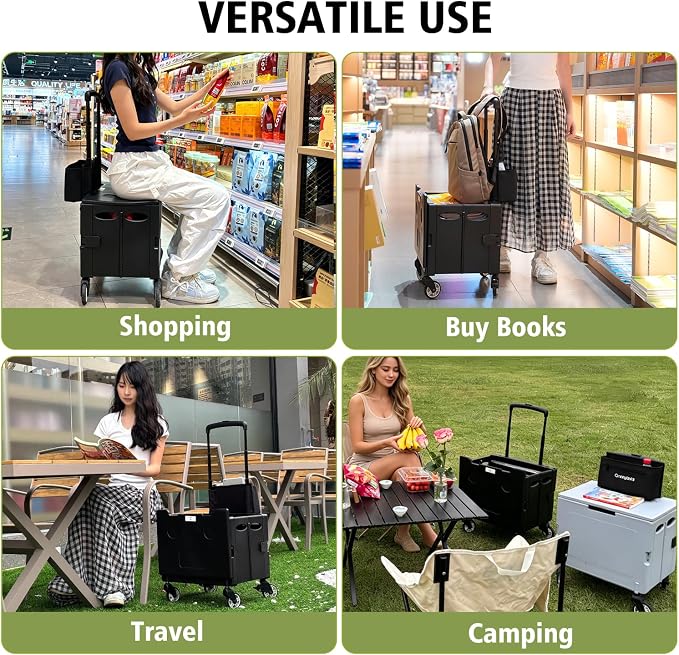Foldable Utility Cart Portable Rolling Crate Handcart Shopping Trolley Collapsible Rolling Crate cart Tool Box, with Lid, Pull carts on Wheels, for Grocery, Shopping, Office, Teacher