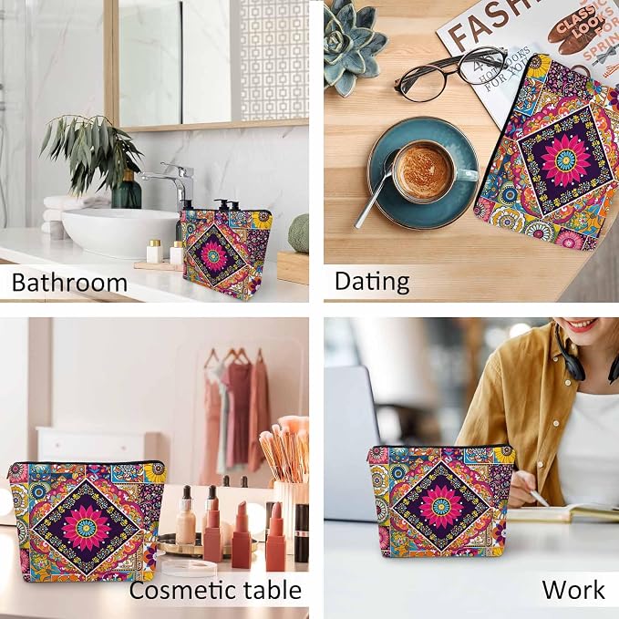 Women Makeup Organizer Bag Mandala Floral, Colorful Ethnic Mandala Flower Patchwork Flax Cosmetic Bag Makeup Bags Toiletry Bag Accessories Organizer Travel Bags For Home Bathroom Office Hotel